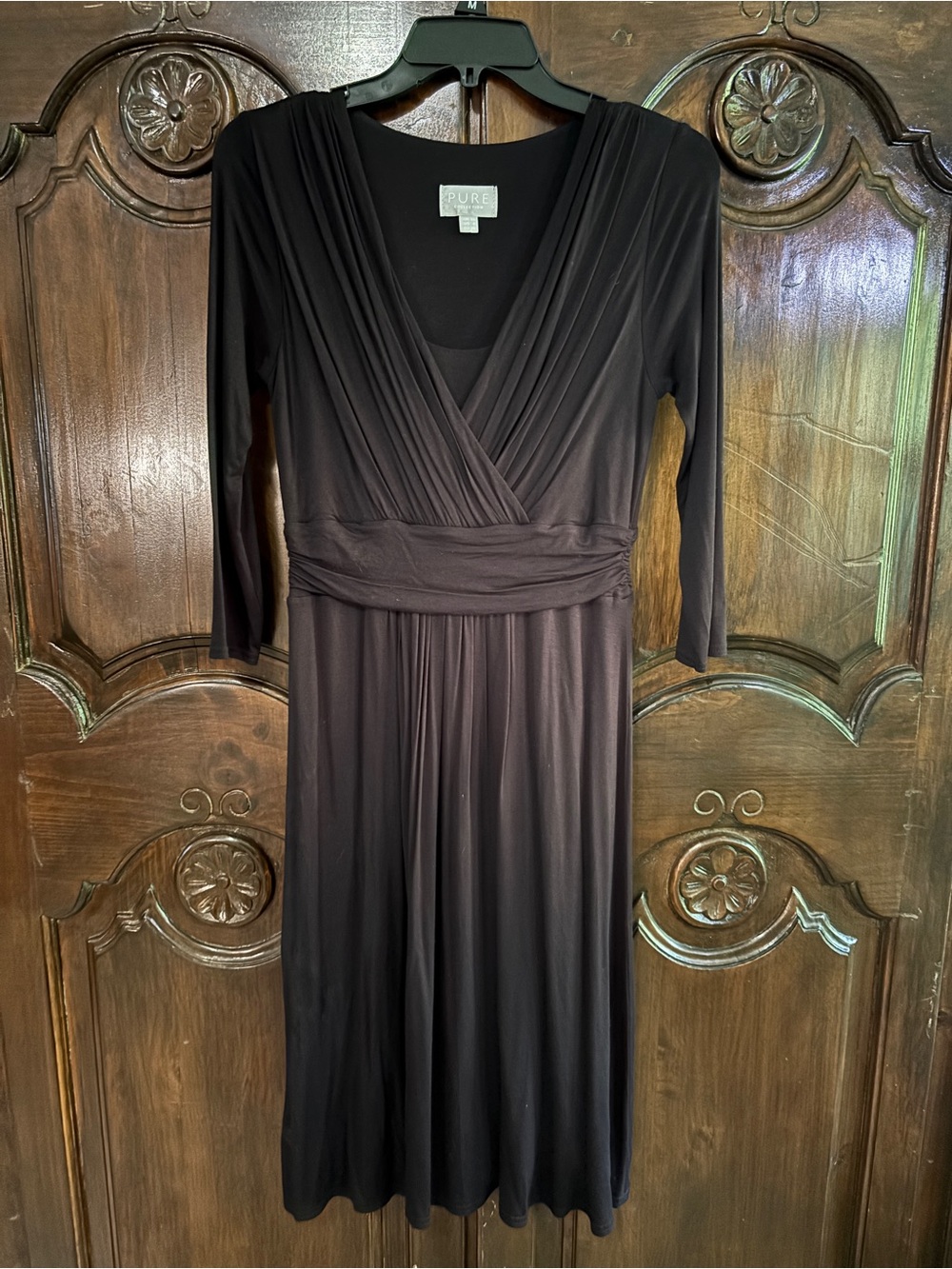 Pure Collection Black Faux-Wrap Long Sleeve Midi Dress with Gathered Waist